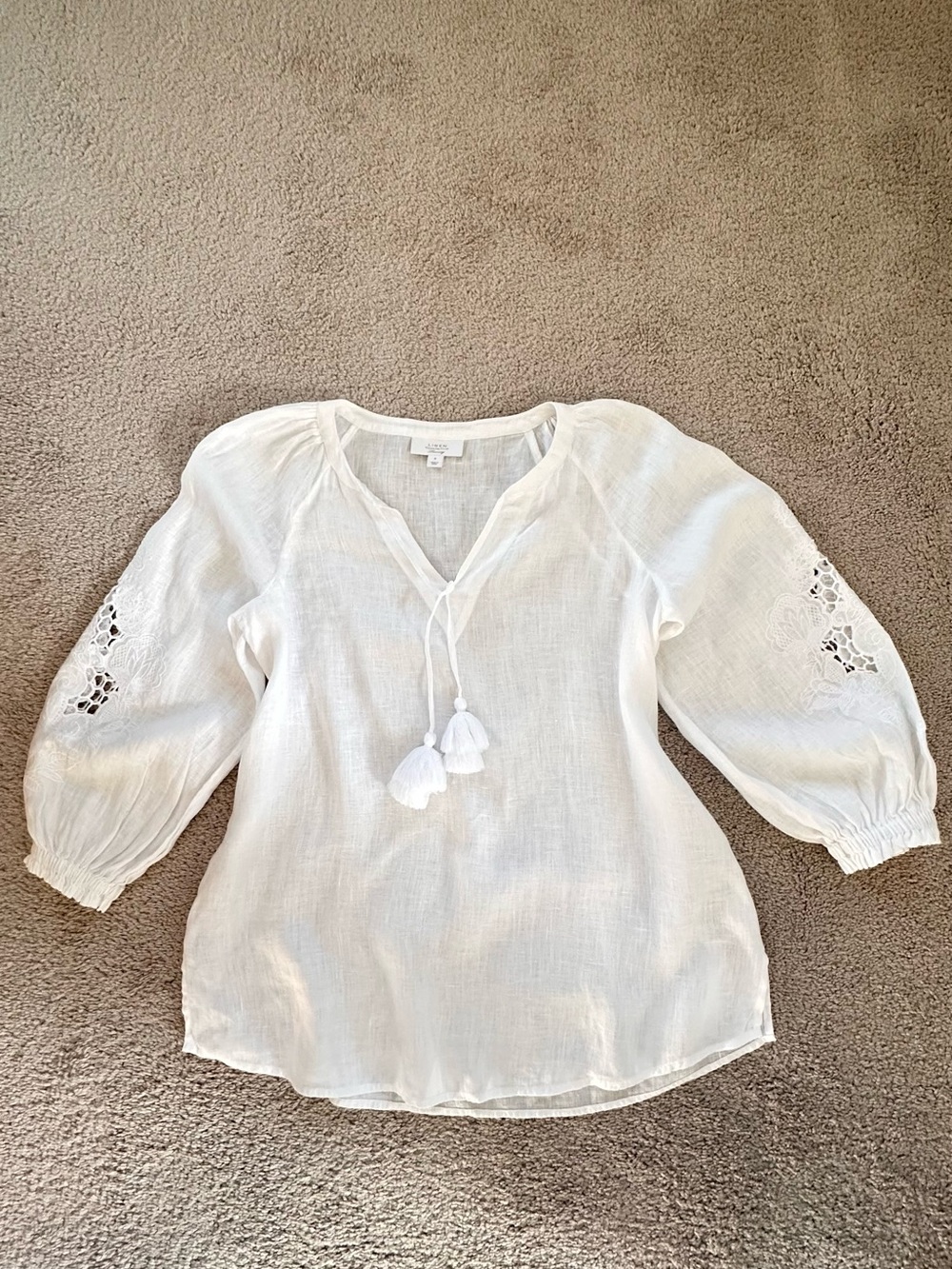 Charter Club white linen White Tassel V- Neck Peasant Blouse sz S